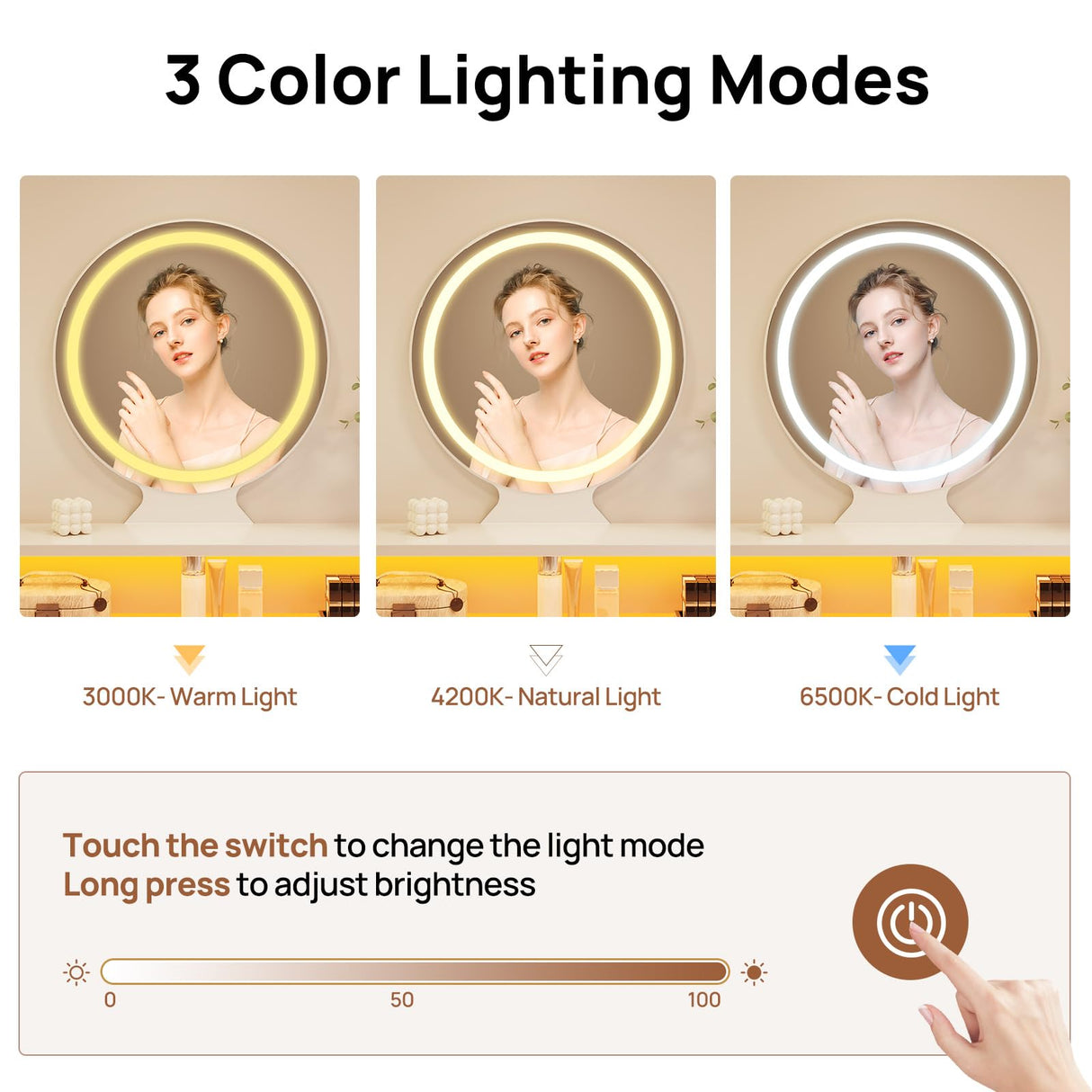 Seventable Vanity Desk with 4 Fabric Drawers, Vanity Table and Chair Set with Power Outlet & LED Strip, Makeup Table with 3 Adjustable Lighting Modes, White Gold Seventable