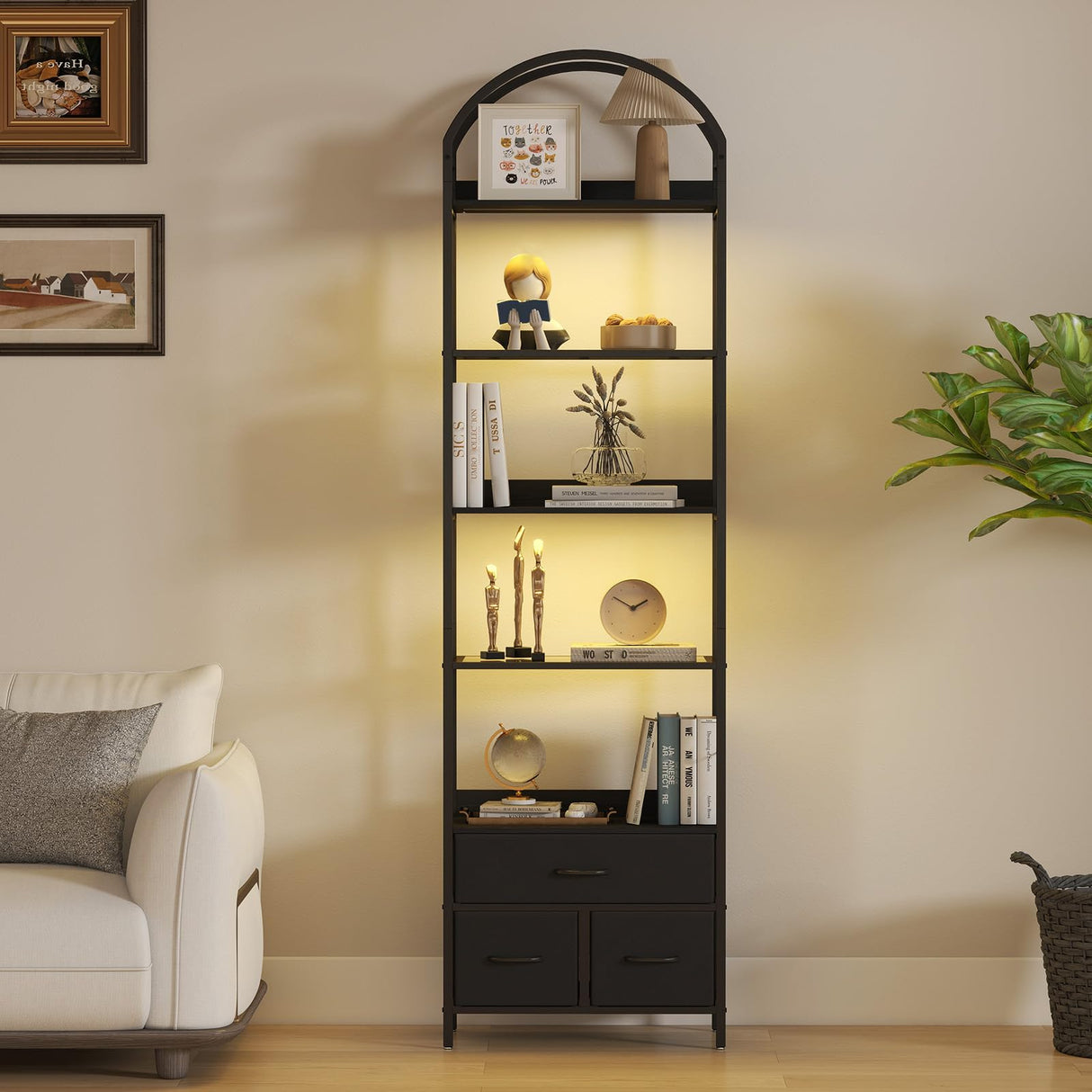 Turosur Arched Bookshelf with 3 Drawers & LED Lights, 83" Tall Narrow Bookcase with Open Shelves, 6 Tier Industrial Bookshelf for Living Room, Bedroom, Study, Black Turosur