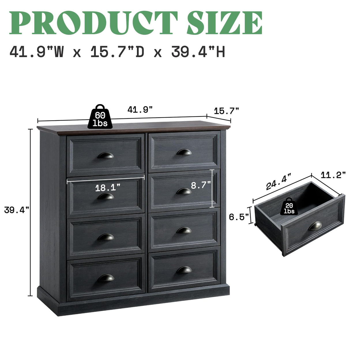 AMERLIFE 42" Dresser for Bedroom, Farmhouse 8 Drawer Dresser, Dressers & Chests of Drawers, Organizer with Storage Drawers, Dark Blue AMERLIFE