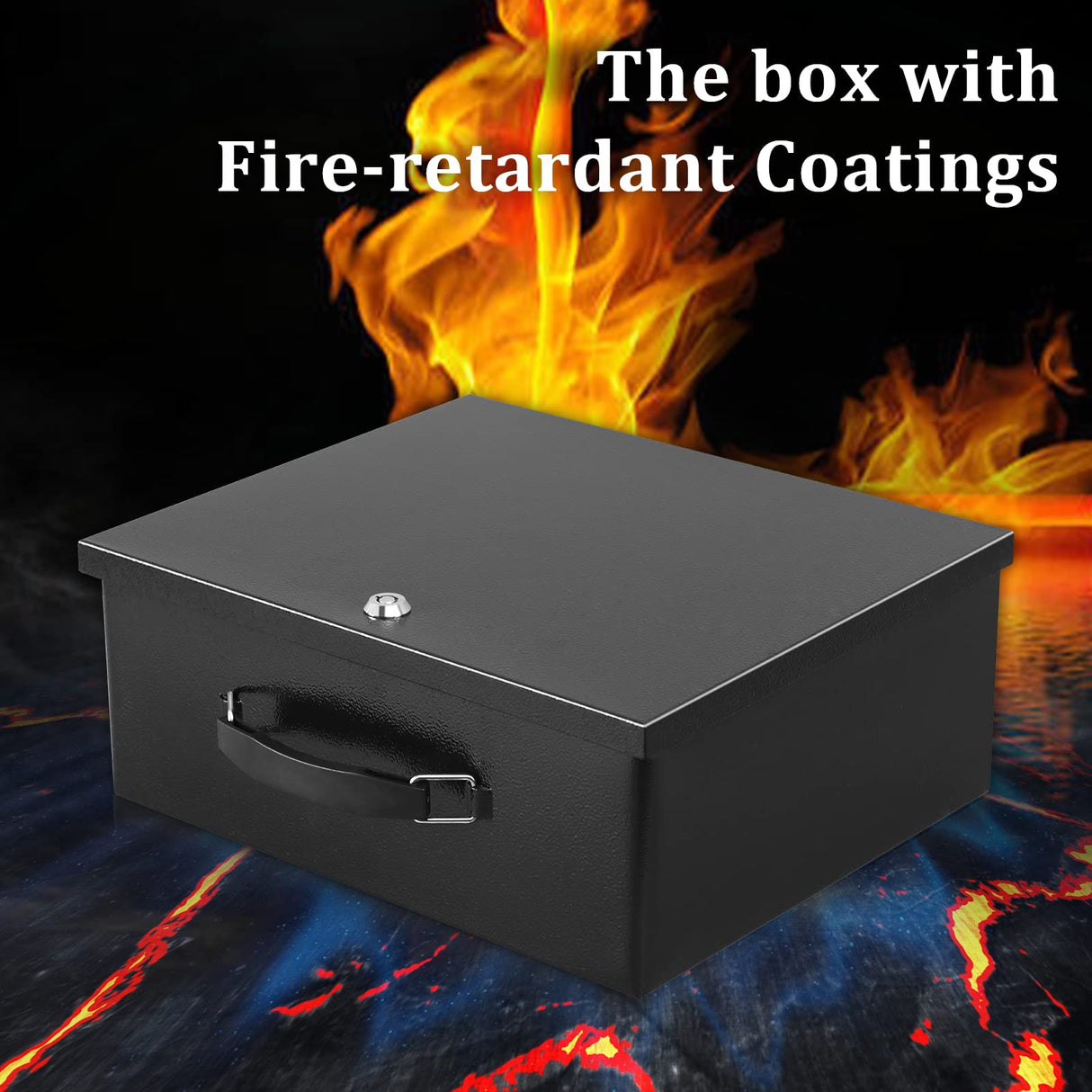 Dalmbox Portable Metal Safe Box with Key Lock - Fire Resistant Storage for Documents, Car, Home and Outside - X Large 13.2"x 11"x 5.1" Black Box Dalmbox