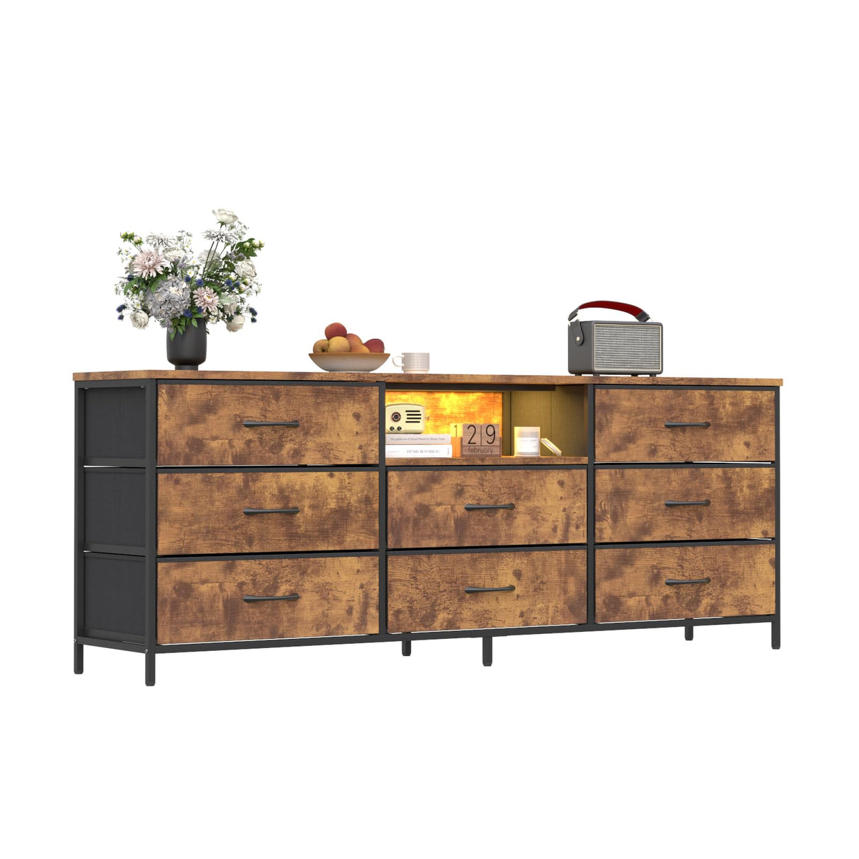Loomie 63 Inch Dresser for Bedroom, Wide Long Fabric Dresser with LED Lights & 8 Drawers, Large TV Stand for 55, 65, 70 Inch TV, Entertainment Center with Storage (Rustic Brown) Loomie