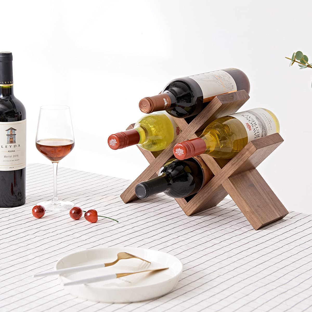 OAKERLAND Walnut Wood Wine Storage Rack Countertop, 4 Bottle Wine Rack Free Standing Wine Storage, Wine Shelf Organizer, Perfect for Home Décor and Wine Gifts, No Need Assembly (Walnut) OAKERLAND