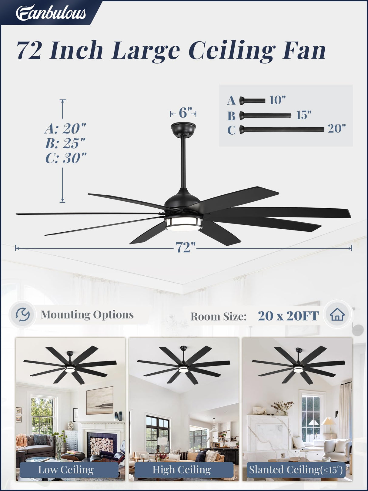 Fanbulous 72 Inch Ceiling Fans with Lights, Large Black Ceiling Fans with Remote, Farmhouse Modern Ceiling Fan Fixtures with Bright LED Light for Living Room, Bedroom, Kitchen Fanbulous