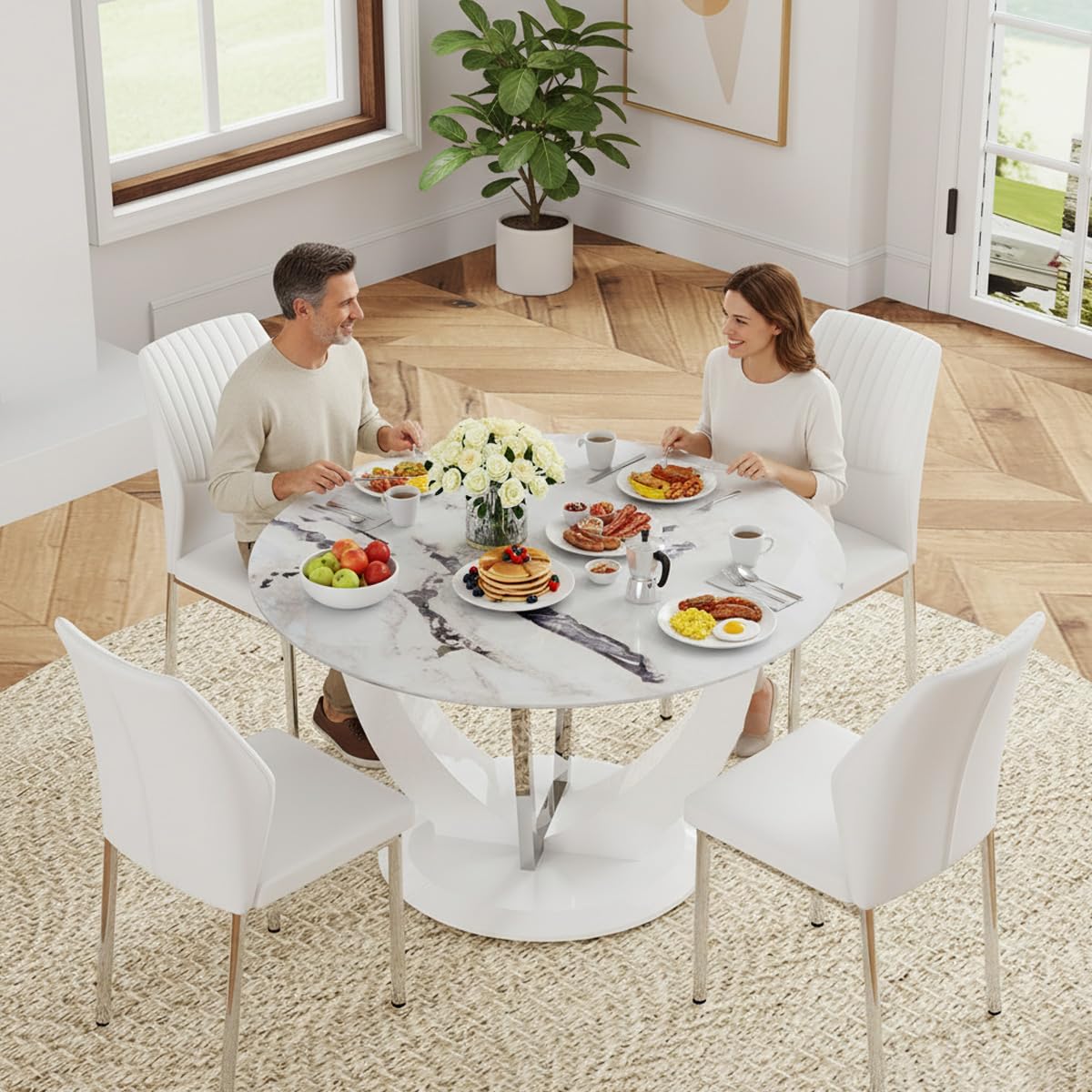 TesNus Round Dining Table Set for 4 with Chairs,Marble Top Pedestal Table and White Faux Leather Chairs, Modern Circular Kitchen Dining Table Set for Apartment, Modern Home,New House for 4 People TesNus