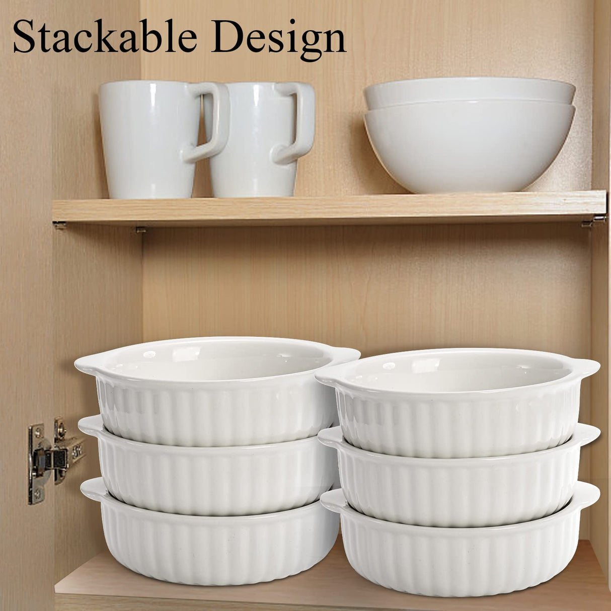 Mezchi 6 Pack Porcelain Ramekins with Handles, 14 Oz Ceramic Creme Brulee Souffle Baking Dishes Bowl, French Onion Soup Bowls for Ramen, Stew, Lava Cakes, Dishwasher, Oven, Microwave Safe, White Mezchi