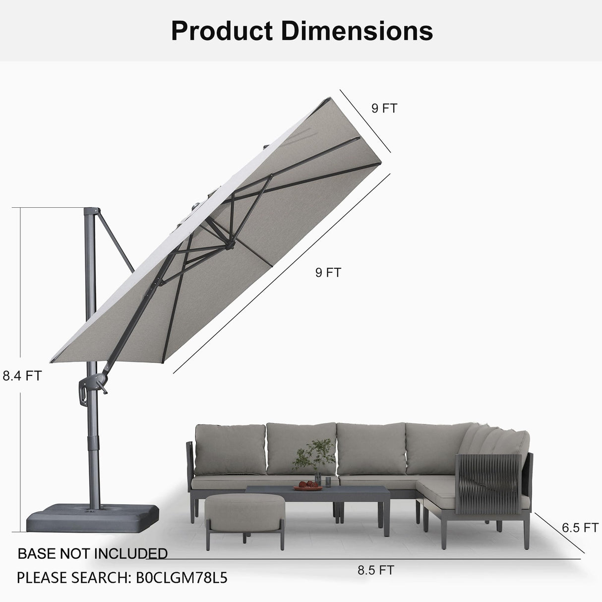 PURPLE LEAF 9 FT Cantilever Patio Umbrella Outdoor Aluminum Offset Square Umbrella with 3 Years Fade Resistance Recycled Fabric and 360-degree Rotation for Deck Pool Garden, Light Grey PURPLE LEAF