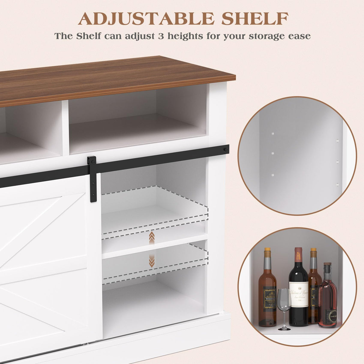 SYESWAY Farmhouse Coffee Bar, 58”Coffee Bar Cabinet with Sliding Barn Door and Adjustable Shelf, Kitchen Buffet Cabinet with Storage for Kitchen, Dining Room, Living Room, White SYESWAY