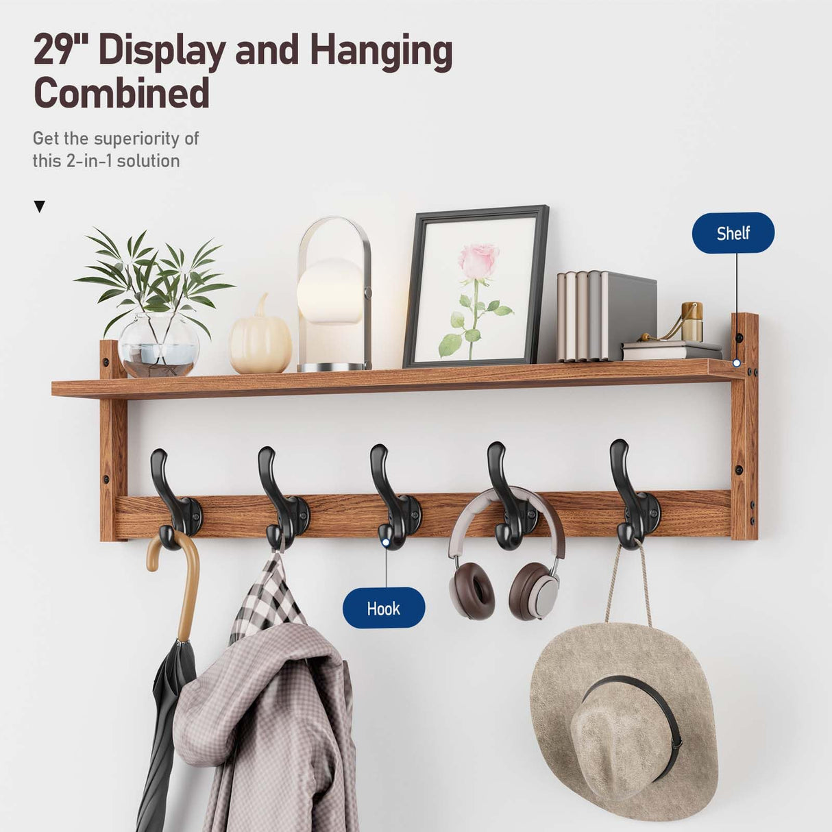 Tatub 29'' Coat Rack Wall Mount with Shelf, Wood Wall Hooks with Storage, Entryway Shelf with 5 Hangers for Bathroom, Living Room, Bedroom, Rustic Brown Tatub