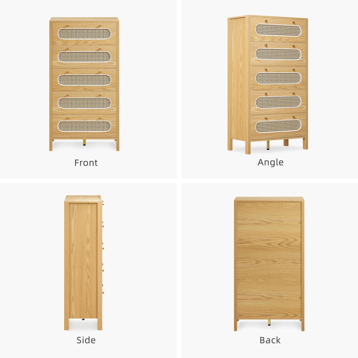 DWVO 47" Tall Natural Rattan 5 Buffet Sideboard Cabinet Drawer Boho Dresser Chest of Drawers with Golden Handles, Wood Dresser Storage Cabinet for Hallway, Entryway, Hold up to 300lbs - Oak DWVO