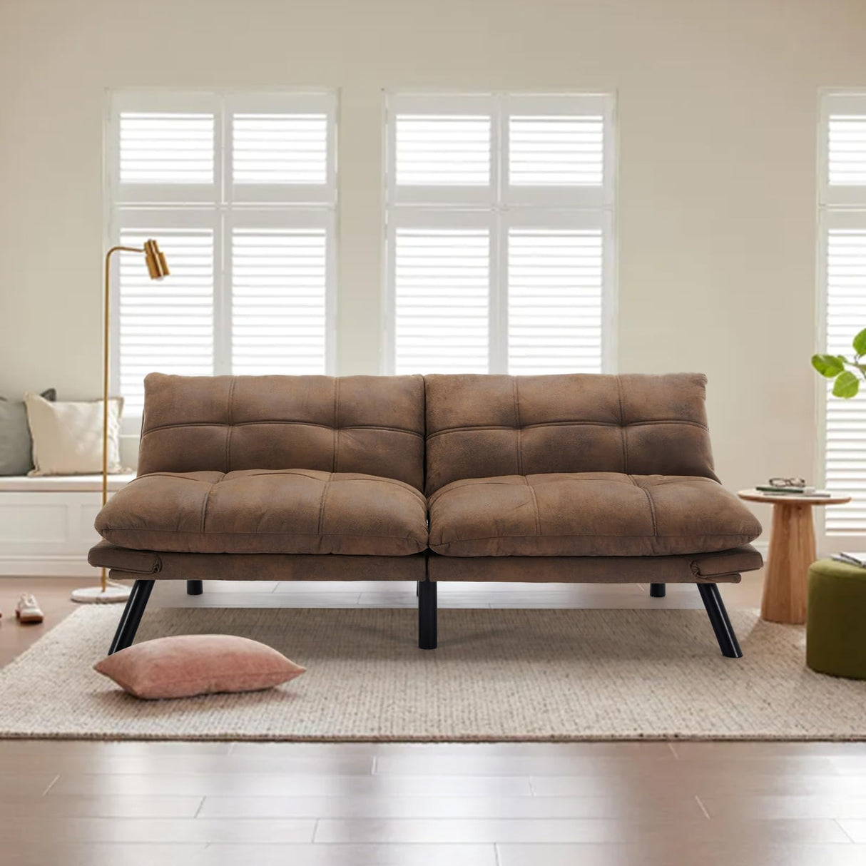 SoarFlash 67 Inch Futon Double Sofa Bed, 2 in 1 Velvet Loveseat with Adjustable Backrest Memory Foam Sofa for Living Room Bedroom Office Apartment Compact Couch(Brown) SoarFlash