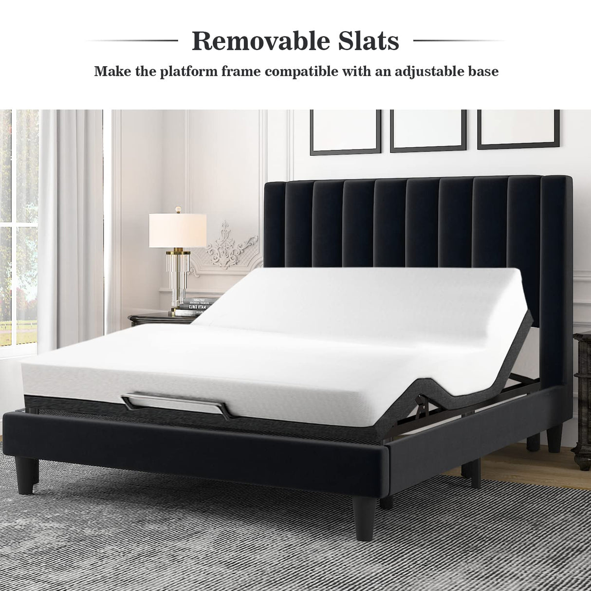 Allewie Queen Platform Bed Frame/Velvet Upholstered Bed Frame with Vertical Channel Tufted Headboard/Strong Wooden Slats/Mattress Foundation/Box Spring Optional/Easy Assembly/Black Allewie