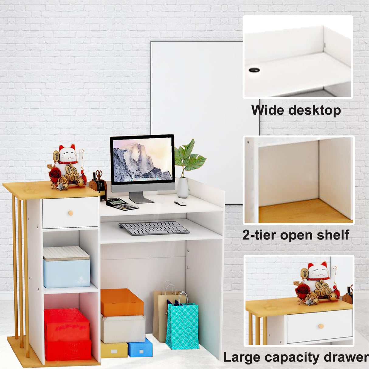 Reception Desk, Reception Counter with Drawers and Storage Shelves, 39 inch Retail Counter for Checkout with Cable Grommet, Suitable for Salons, Beauty, Clothing Stores,Thickened Wooden Board Aibogiter