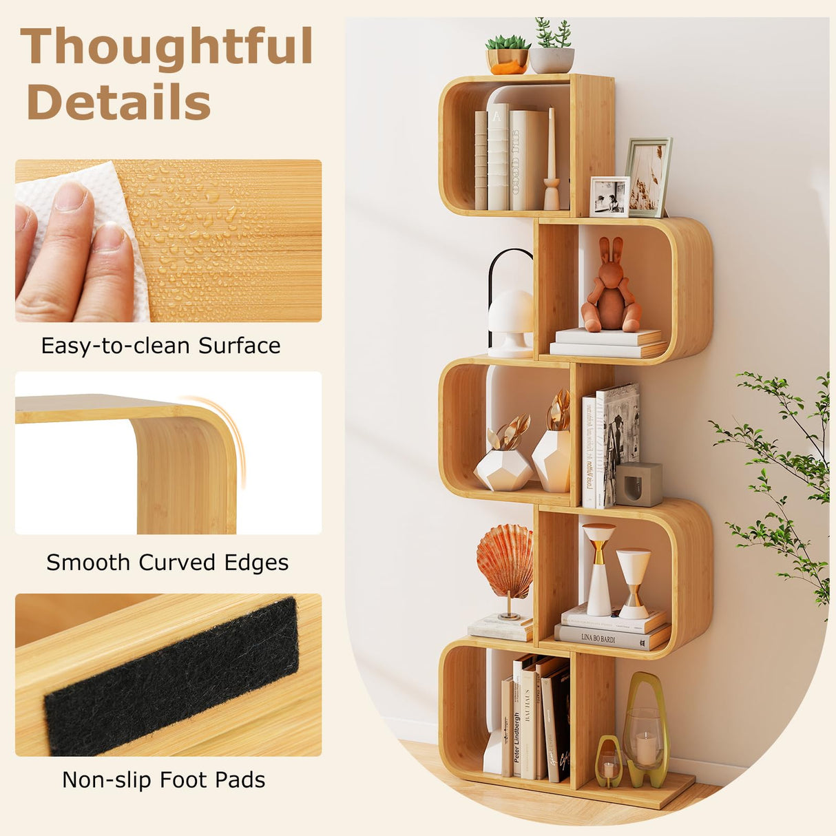 Tangkula Bamboo Geometric Bookshelf, 5-Tier S-Shaped Bookcase w/Open Cubes & Anti-Tipping Device, Freestanding Display Shelf Storage Organizer for Living Room, Study, Home Office (1, 5-Tier) Tangkula