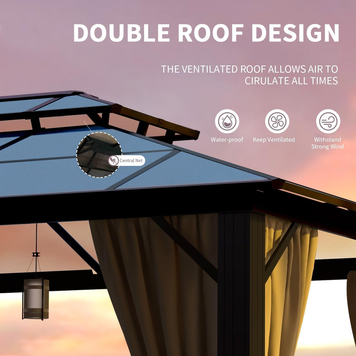 Jolydale 12'x16' Hardtop Gazebo, Outdoor Polycarbonate Double Roof Canopy, Aluminum Frame Permanent Pavilion with Curtains and Netting, Sunshade for Garden, Patio, Lawns Jolydale