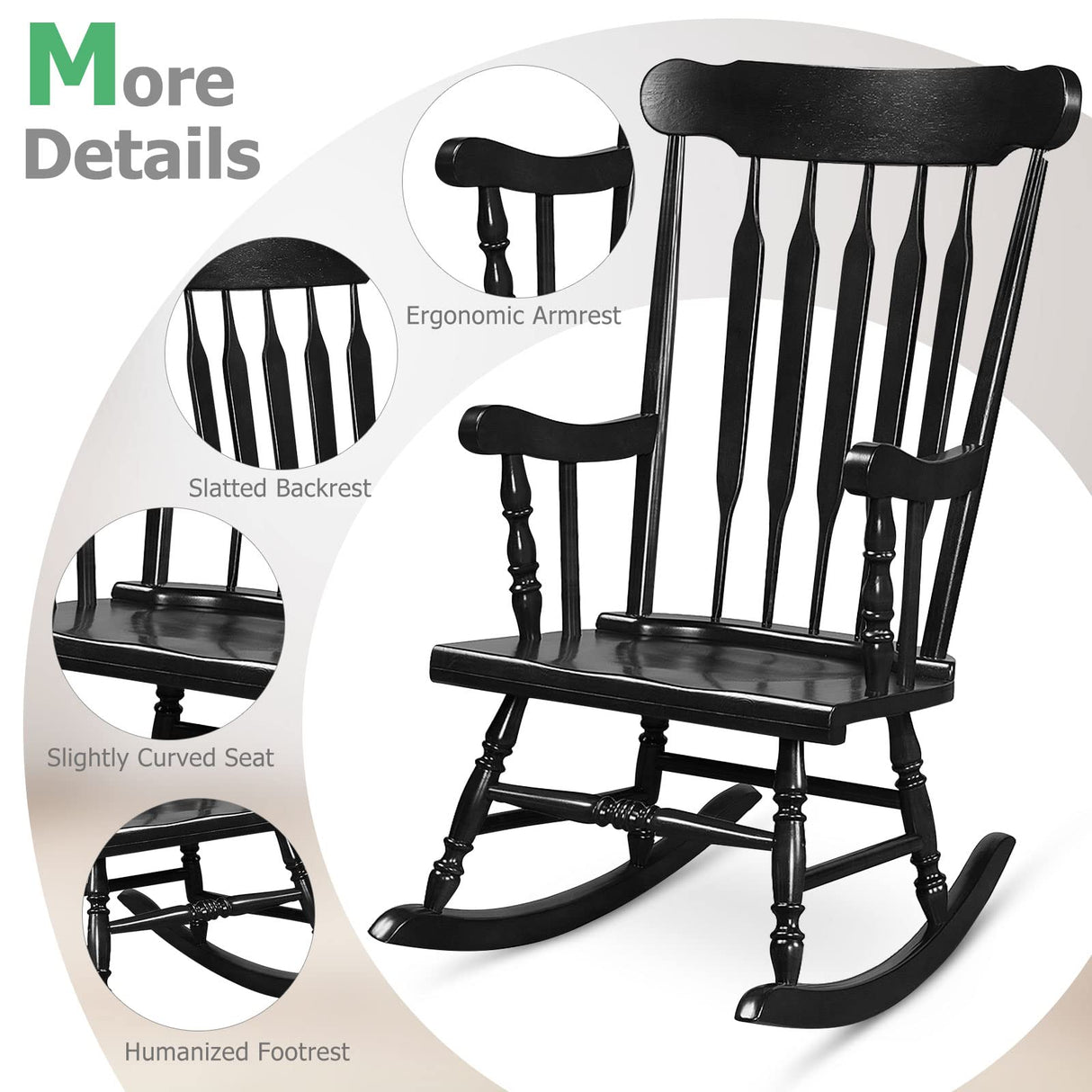 Tangkula Patio Rocking Chair Solid Rubber Wood, Outdoor Porch Rocker Chair with Rubber Wood Frame, Indoor Wooden Rocking Chair, Ideal for Garden, Backyard & Balcony (1, Black) Tangkula