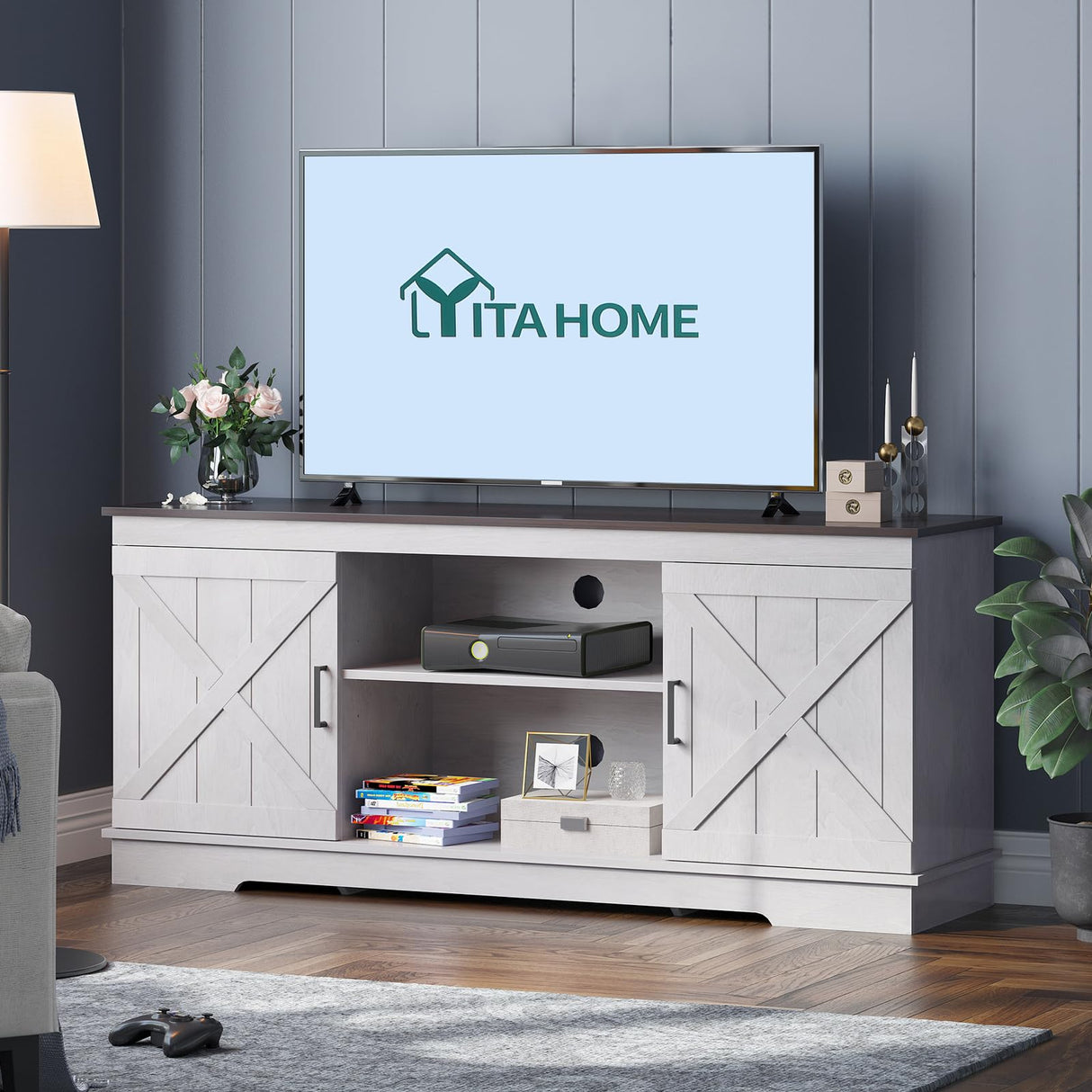 YITAHOME TV Stands for TV up to 65 Inch, Farmhouse Entertainment Center with Double Barn Doors & Storage Cabinets, Rustic TV Cabinet Media Console Table for Living Room, 59 Inches, Grey White/Espresso YITAHOME