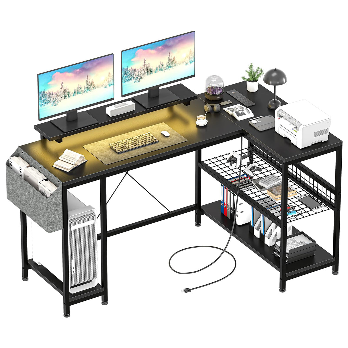 ElectraSpeedy 49" L Shaped Desk with Power Outlet & LED Lights, Reversible Corner Computer Desk with Storage Shelves & Monitor Stand, Home Office Desk for Gaming Writing Study (Black) ElectraSpeedy