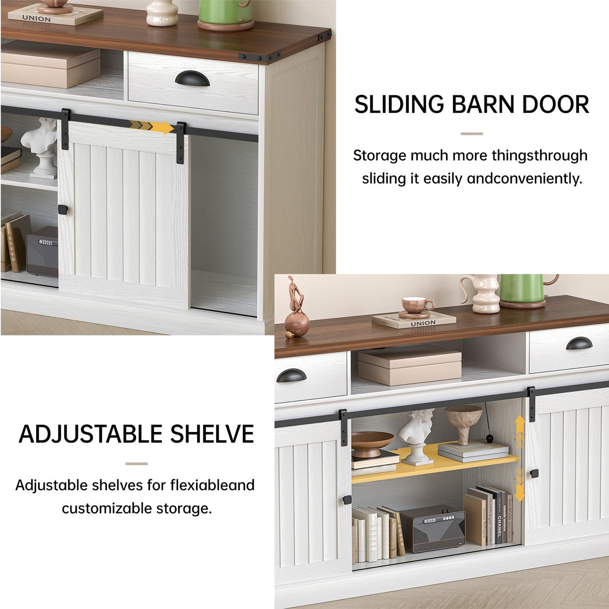 AntsandAnts Farmhouse TV Stand with Sliding Barn Doors & 2 Drawers - Entertainment Center for 65 inch TV, Rustic TV Console with Storage, Living Room TV Cabinet for 65" Television, White AntsandAnts