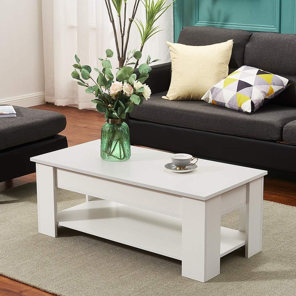 Panana Modern Lift Up Top Coffee Table with Hidden Storage and 1 Shelf Wooden Tea Table Sofa End Table for Living Room, Office, 39.4" x 19.7" x 18.5" (White) Panana