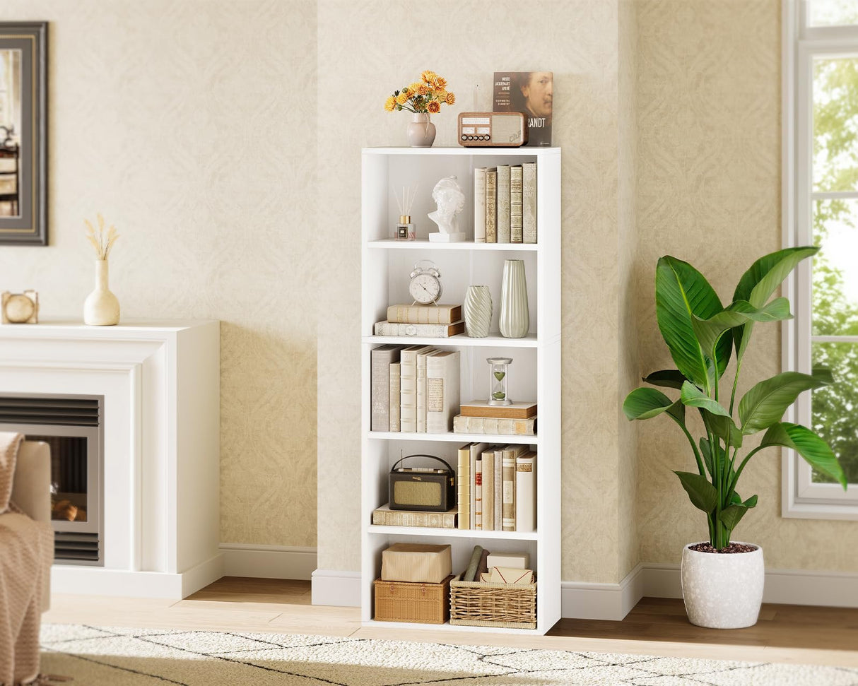 Casaottima 5-Tier Open Bookshelf and Bookcase, Floor Standing Display Storage Shelves for Living Room, Tall Book Shelf for Bedroom, Home Office, Dining Room, White Casaottima
