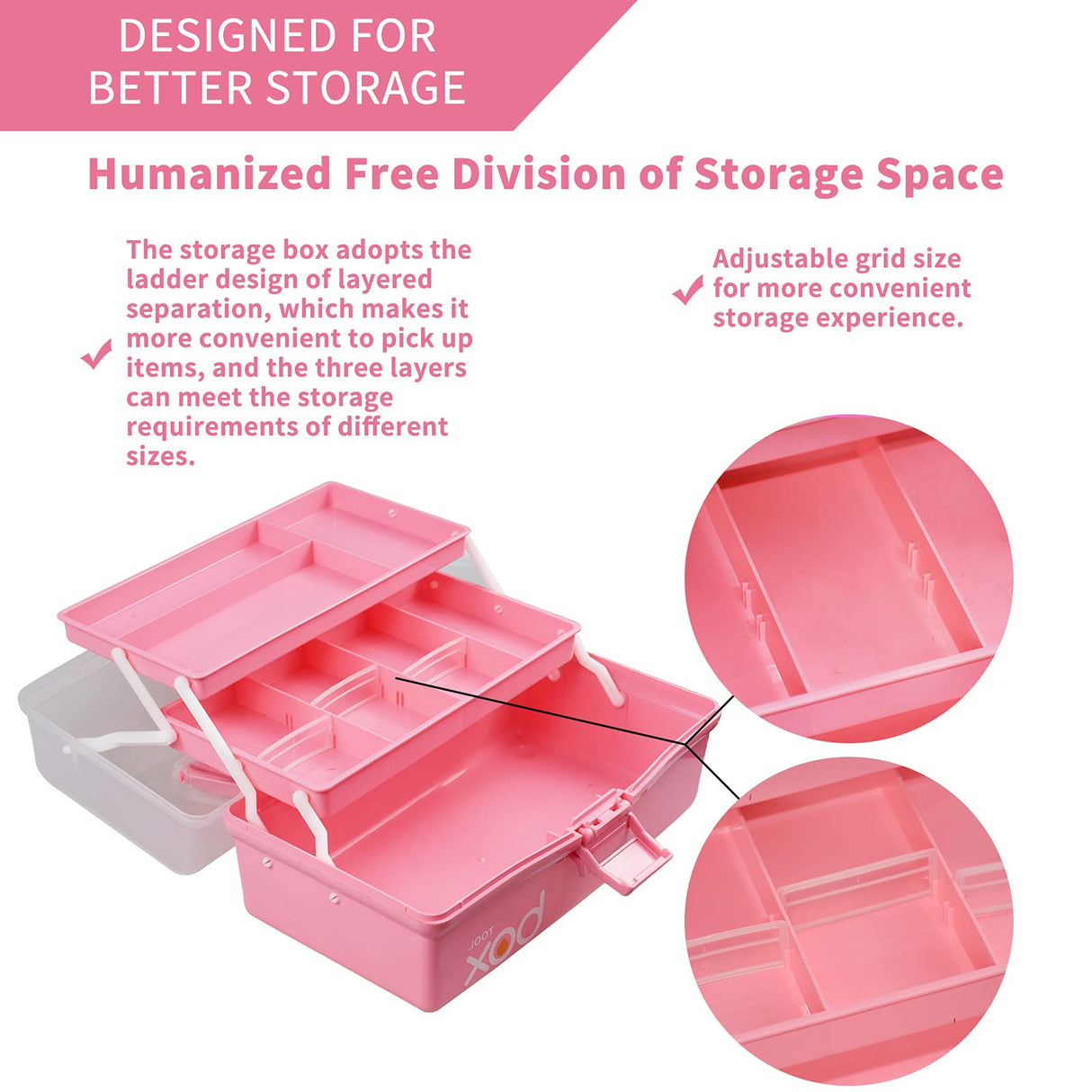 TERGOO 12in Three-Layer Multipurpose Storage Box, Folding Tool Box/Art & Crafts Case/Sewing Supplies Organizer/Medicine Box/Family First Aid Box with 2 Trays (Pink) TERGOO