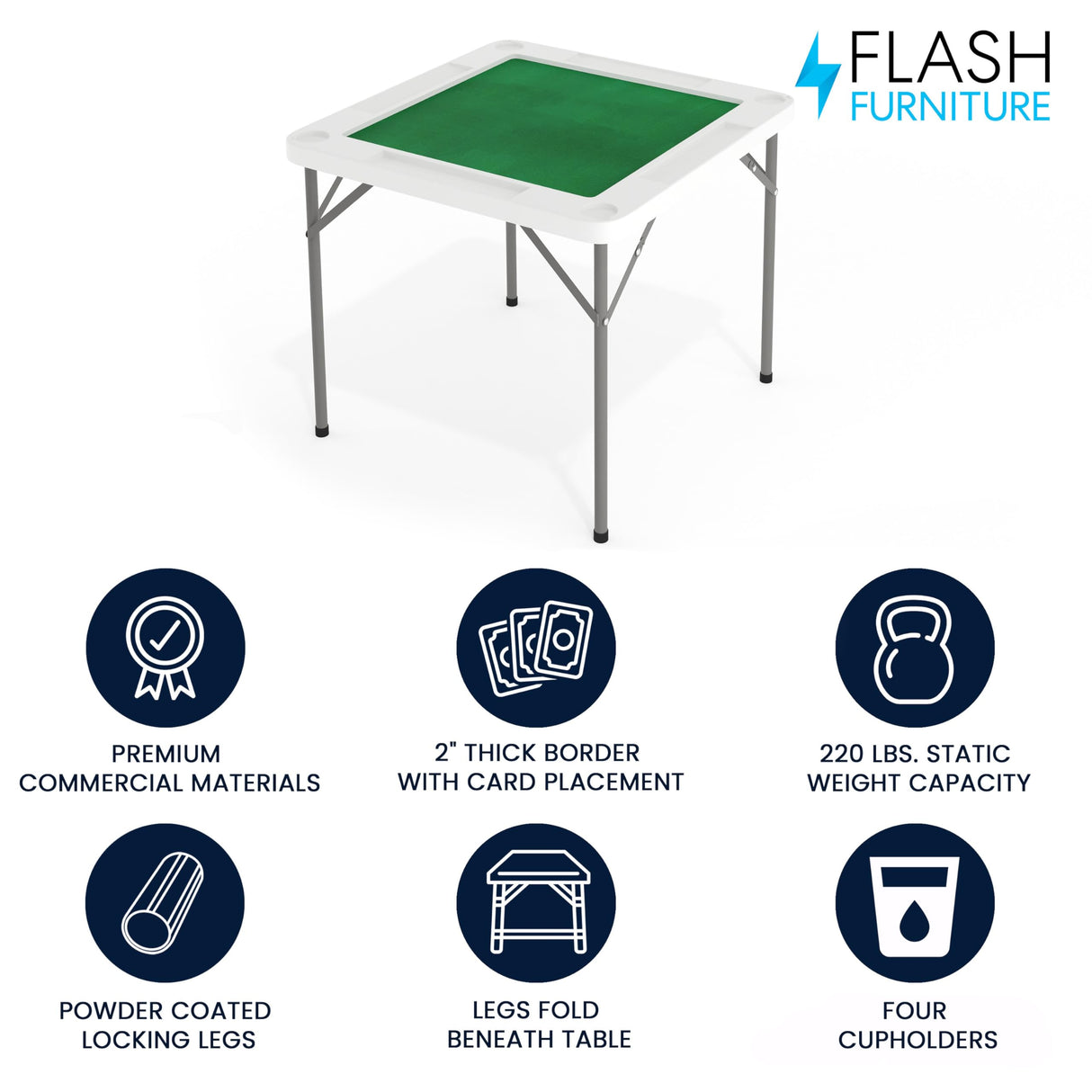 Flash Furniture Silas 34.5" Square Folding Card Table with Felt Green Surface and Cup Holders, Portable Folding Game Table for 4 Players, White/Green Flash Furniture