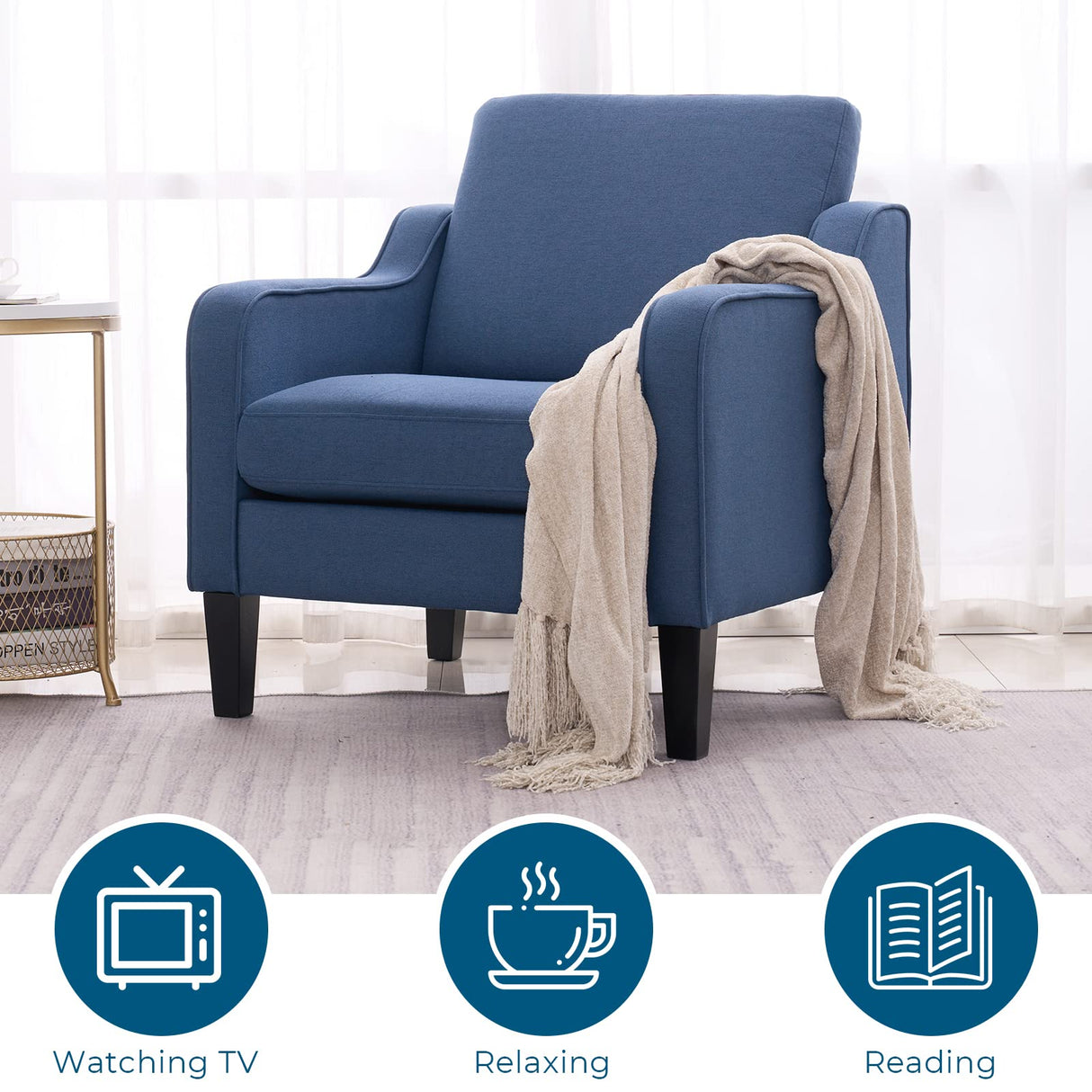 VINGLI Mid Century Modern Accent Chair,Navy Blue Fabric for Living Room Upholstered Armchair with Scooped Arms for Bedroom,Apartment,Studio,Office,Waiting Room VINGLI
