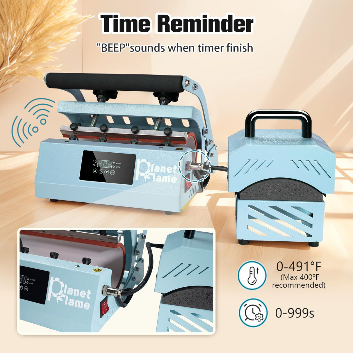 PlanetFlame Tumbler and Hat Heat Press Machine, 2-in-1 Combo Machine for Cup and Cap with Gloves and High Temp Heat Resistant Tape for 11oz-30oz Sublimation Tumbler and All Caps, Blue PlanetFlame