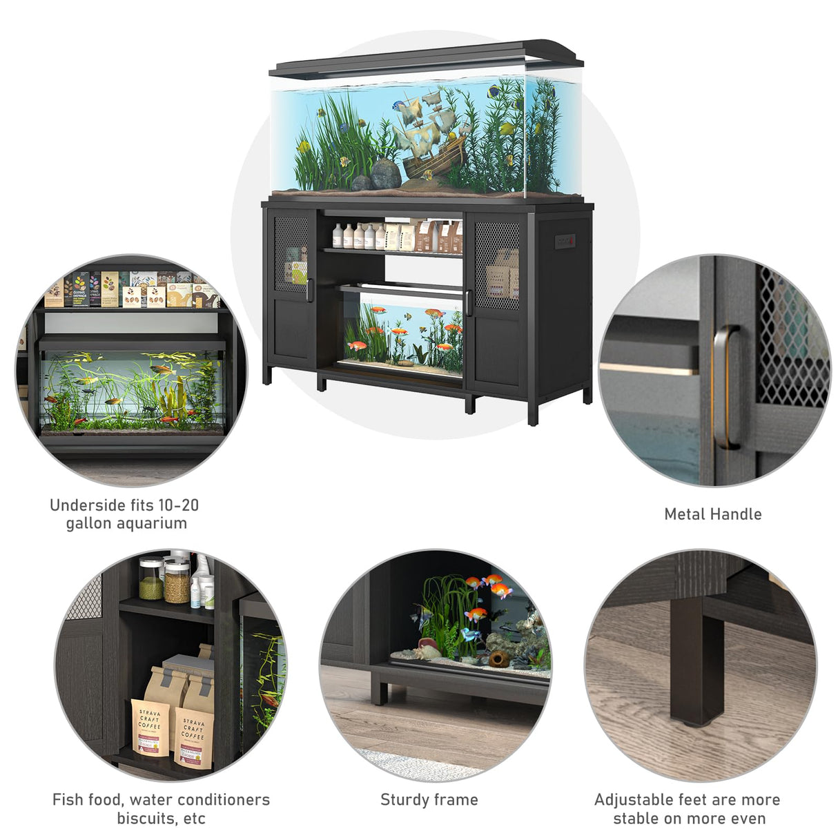 Hlivelood 55-75 Gallon Fish Tank Stand with Power Outlet&LED Light, Heavy Duty Metal Aquarium Stand for 2 Fish Tank Accessories Storage, Suit for Turtle Tank, Reptile Terrarium, 880lbs Capacity, Black Hlivelood