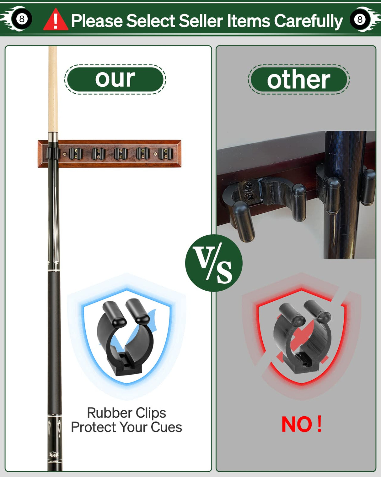 EXTCCT Wall Mount Pool Stick Holder - Billiards Pool Cue Rack Hardwood Pool Cue Set Holder for 6 Cues Sticks Storage Pool Table Accessories Equipment Organizer EXTCCT