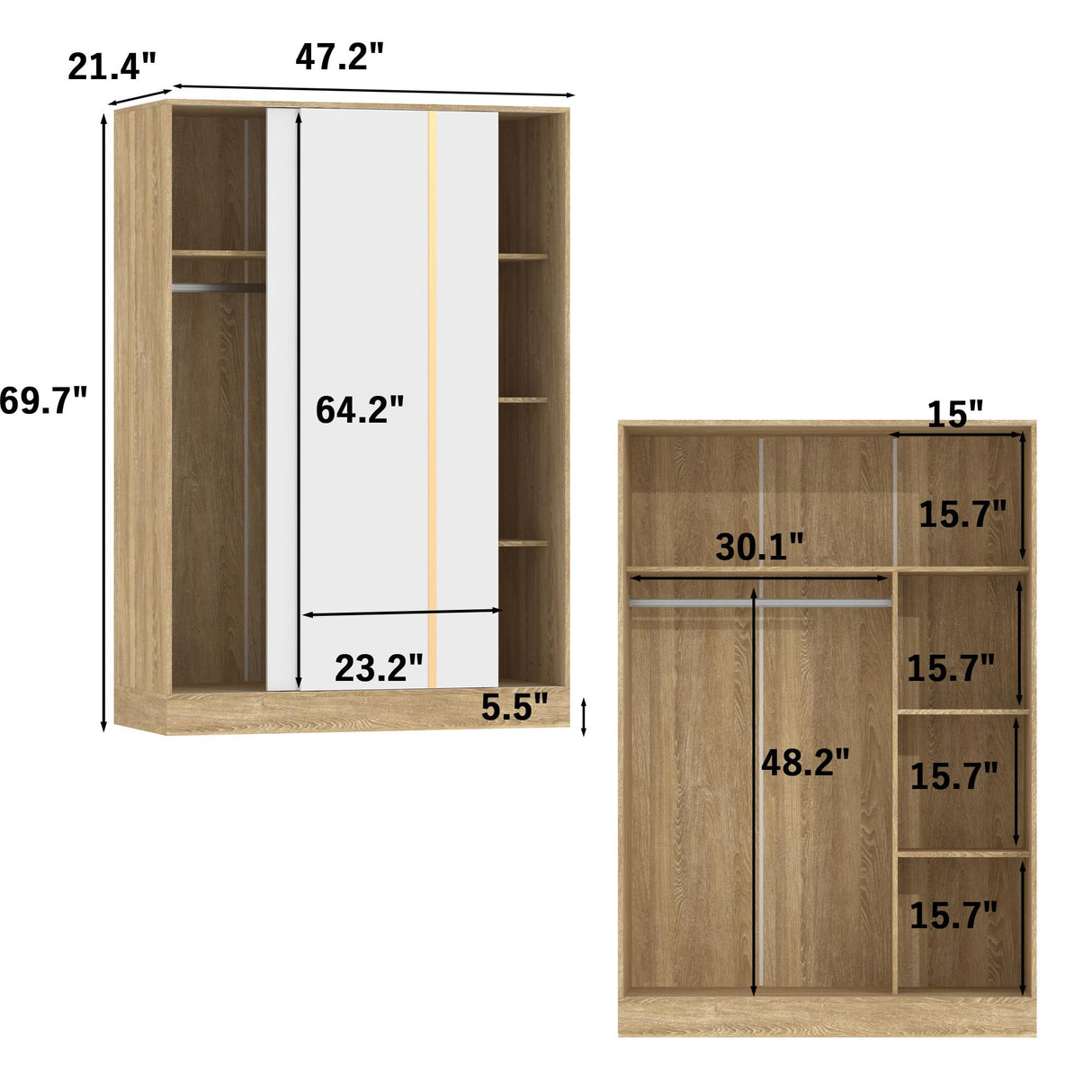 Timechee Almirah for Clothes, Storage Wardrobe Closet Cabinet, Clothes Closet with Metal Hanging Rod, 4 Shelves and Sliding Doors for Bedroom, Natural + White (21.4" D x 47.2" W x 69.7" H) Timechee