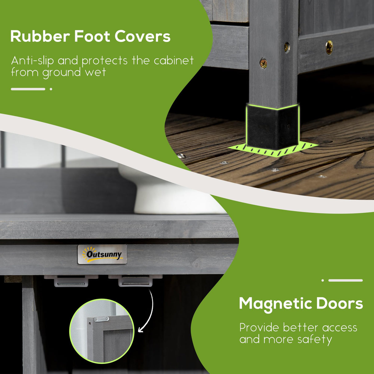 Outsunny Potting Bench Table, Outdoor Storage Cabinet, Multi-function Gardening Bench, Wooden Planting Workstation with Magnetic Doors, for Yard Tools or Pool Accessories, Gray Outsunny