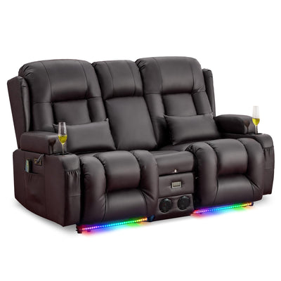 URRED Loveseat Recliner Sofa with Massage and Heat, Power Reclining Loveseat Sofa RV Couch with Console, Home Theater Seating with LED Lights, Bluetooth Speaker, USB, Outlets, Faux Leather, Dark Brown