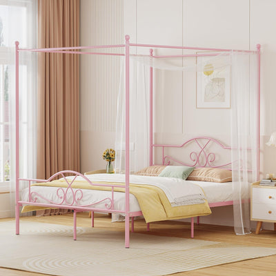 Weehom Full Canopy Bed Frame with Headboard and Footboard, Four-Poster Metal Canopied Platform Bed Mattress Foundation Underbed Storage Space No Box Spring Needed for Girls Adults Pink