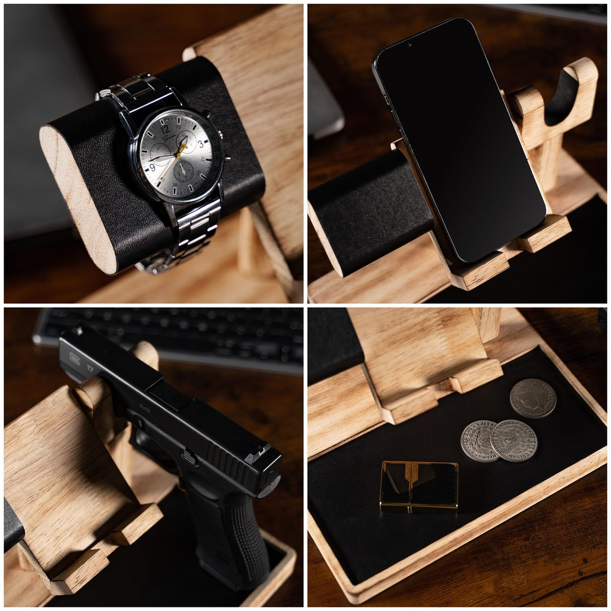 DGWJSU Pistol Rack for Gun Safe, Wood Handgun Rack Holder for Gun, Phone Docking Station as Nightstand Organizer as Gifts for Men Boyfriend Husband Father in Anniversary Birthday Christmas DGWJSU