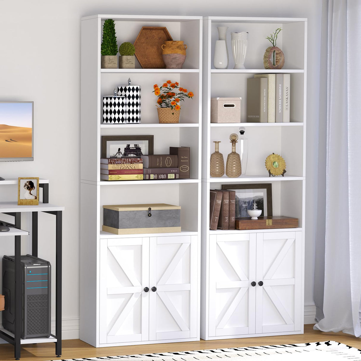 6-Tier White Wooden Bookshelf with Cabinet Doors - Versatile Storage Solution for Home and Office oneinmil