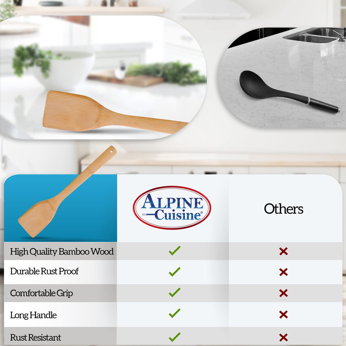 Alpine Cuisine Bamboo Wood Spatula 12-Inch with Wood Handle - Heat-Resistant Head with Curved Front for Scooping & Scraping, Kitchen Spatulas for Cooking, & Baking - Dishwasher-Safe & BPA-Free Alpine Cuisine