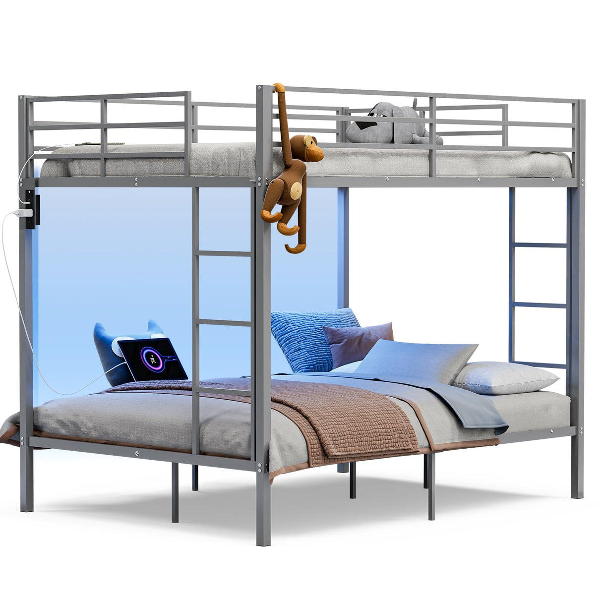 IKIFLY Full Over Full Bunk Beds with LED Lights and Charging Station, Heavy Duty Metal Full Size Bunk Bed Frame, Safety Guardrail & 2 Ladders, Space-Saving Design, No Box Spring Needed, Silver Grey IKIFLY