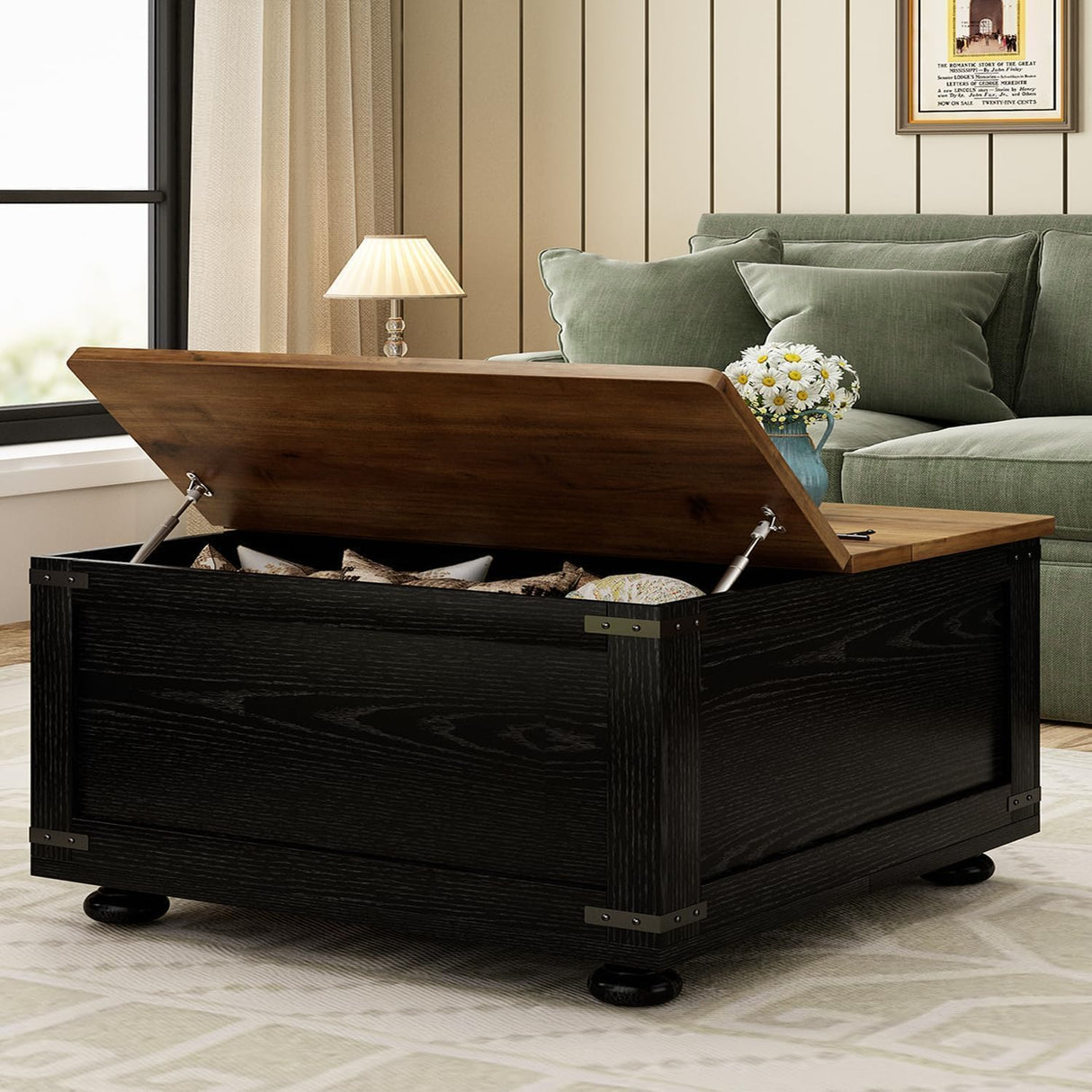 MaverickFurni Farmhouse Coffee Table with Storage, Lift Coffee Tables for Living Room, Square Coffee Table with Wood Gourd Feet and Hydraulic Gas Rod (Black) MaverickFurni