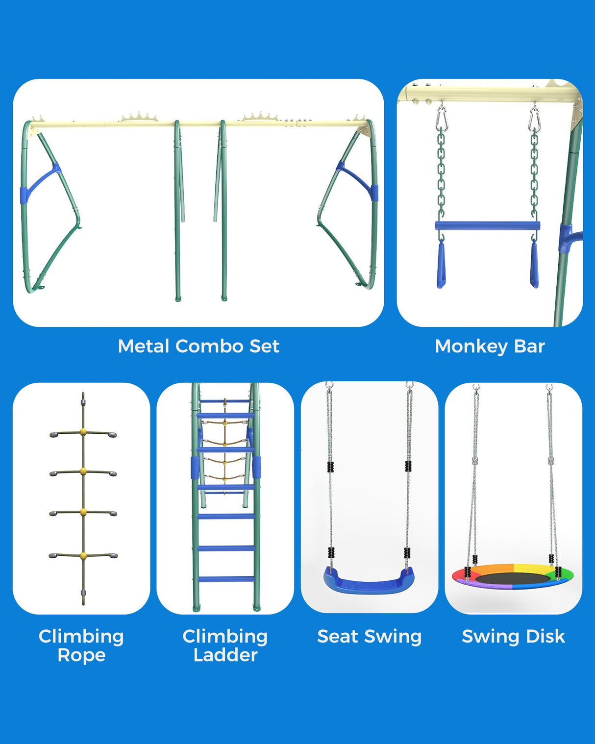 SPORTSWIN 6in1 Outdoor Metal Swing Sets for Backyard for Kids with Heavy Duty Frame (Green) SPORTSWIN