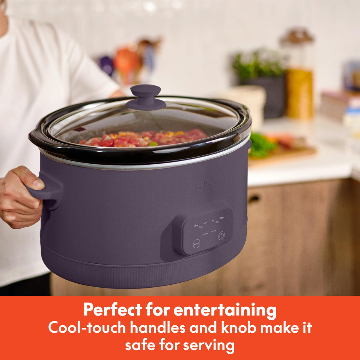 bella 6.0 Qt Programmable Slow Cooker, EverGood™ Ceramic Nonstick Coating, Adjustable Temperature & Cooking Times, Dishwasher Safe Stoneware Pot & Tempered Glass Lid, Tangle Free Cord Wrap, Plum BELLA