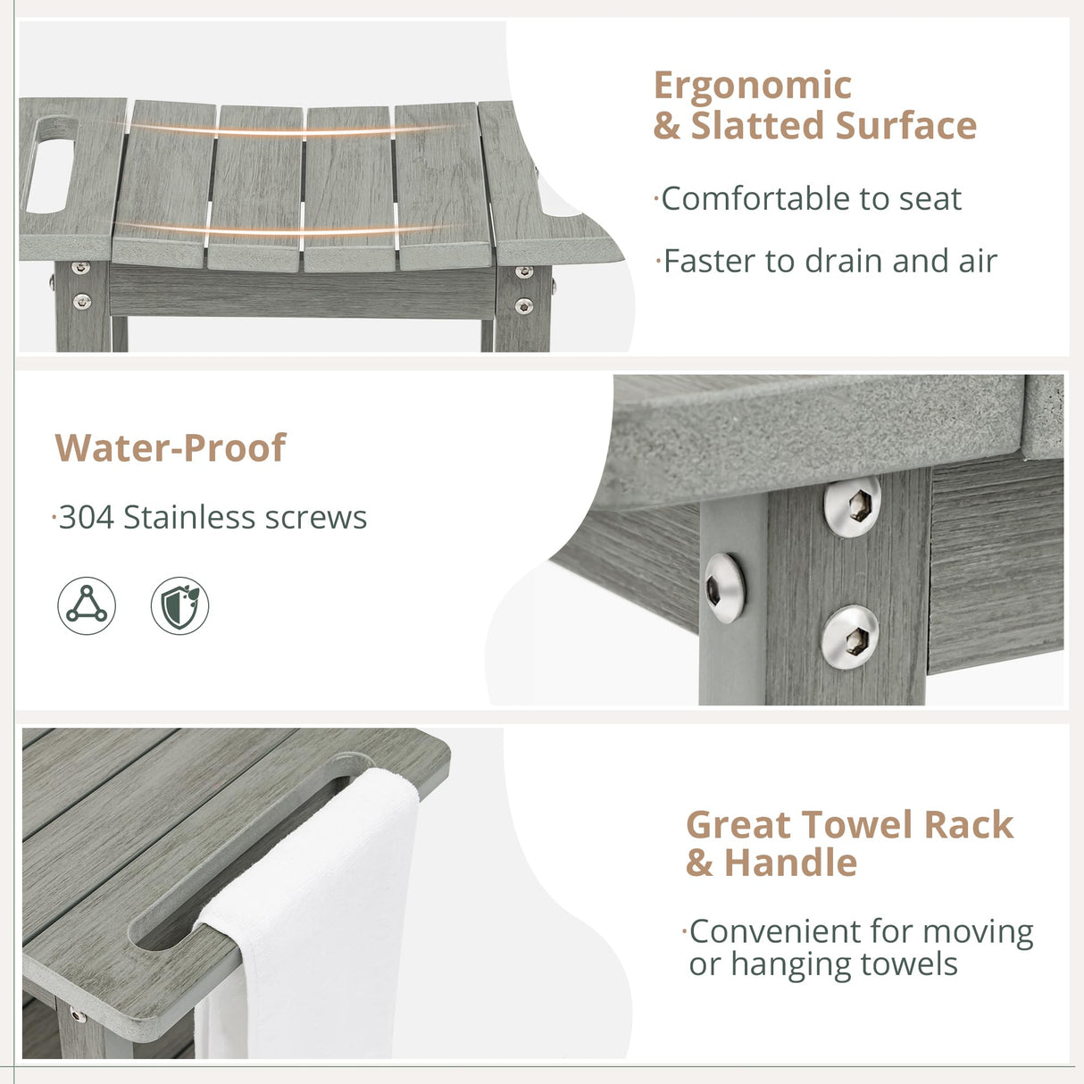 LUE BONA HDPS Shower Benches for Inside Shower, Gray Shower Stool for Shaving Legs with Shelf, Waterproof Shower Chair Seat for Spa Bathroom, Weather Resistant/Non-Slip/Handles/Indoor or Outdoor Use LUE BONA