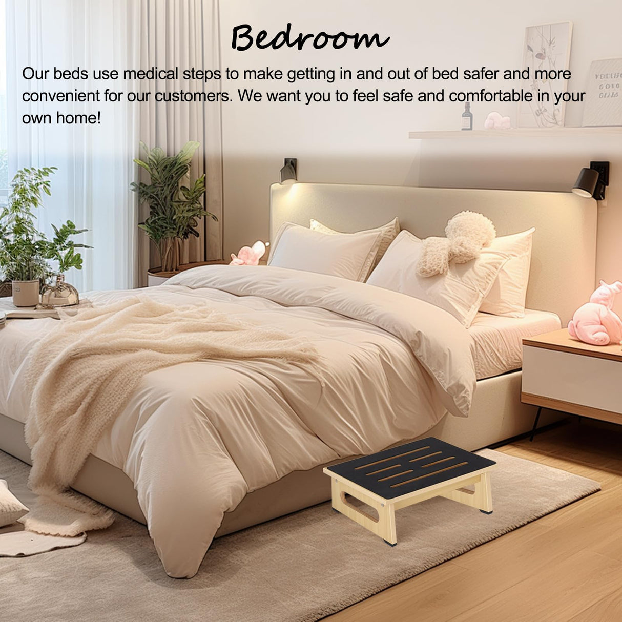 Wooden Step Stool for Kids with Non-Slip Rubber Feet Step, Heavy Duty Platform Stepping Stools for children with 450 LBS Capacity for Bedroom Kitchen Bathroom, Bed Steps for High Beds, Bedside Support Natree