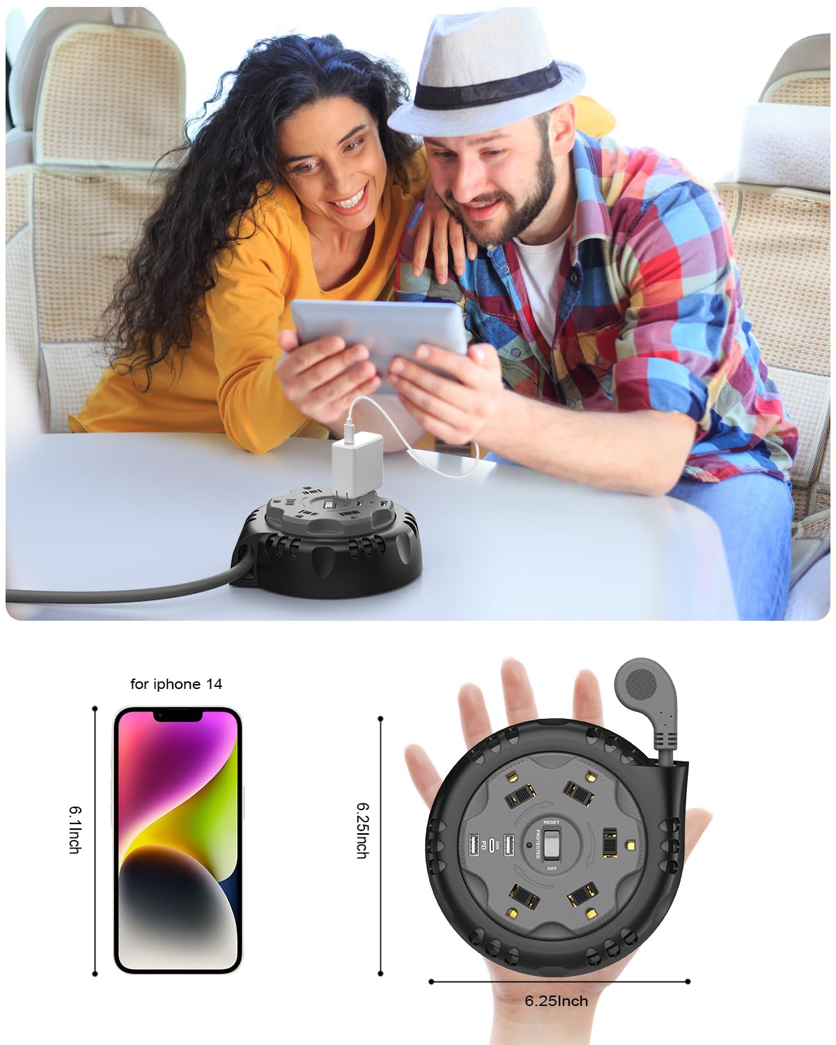 Retractable Power Strip Extension Cord Reel with USB C PD 20W, Flat Plug Travel Power Strip Surge Protection with 5 AC 3 USB Ports, 10FT Travel Extension Cord Portable Outlet, Black Grey Kungfuking