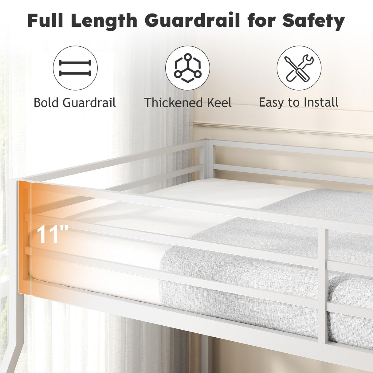 Zevemomo Twin Over Full Bunk Bed, Metal Low Profile Bunkbeds with Full-Length Guardrail and Ladder, Space Saving, No Boxing Spring Needed, White Zevemomo