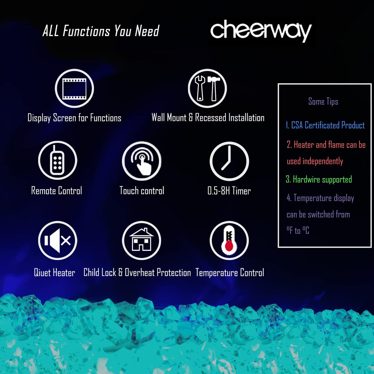 Cheerway 72 Inch Electric Fireplace, Recessed Fireplace Insert and Wall Mount Fireplace Heater with Remote & Touch Control, Adjustable Flame Color & Brightness, Log Set & Crystals, Child Lock & Timer Cheerway