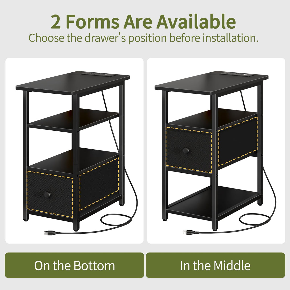 Yoobure Narrow Side Table, LED End Table with Charging Station, 3-Tier End Tables Living Room with Adjustable Fabric Drawer, Small Nightstand with Outlets, Storage Night Stand for Bedroom Small Spaces Yoobure