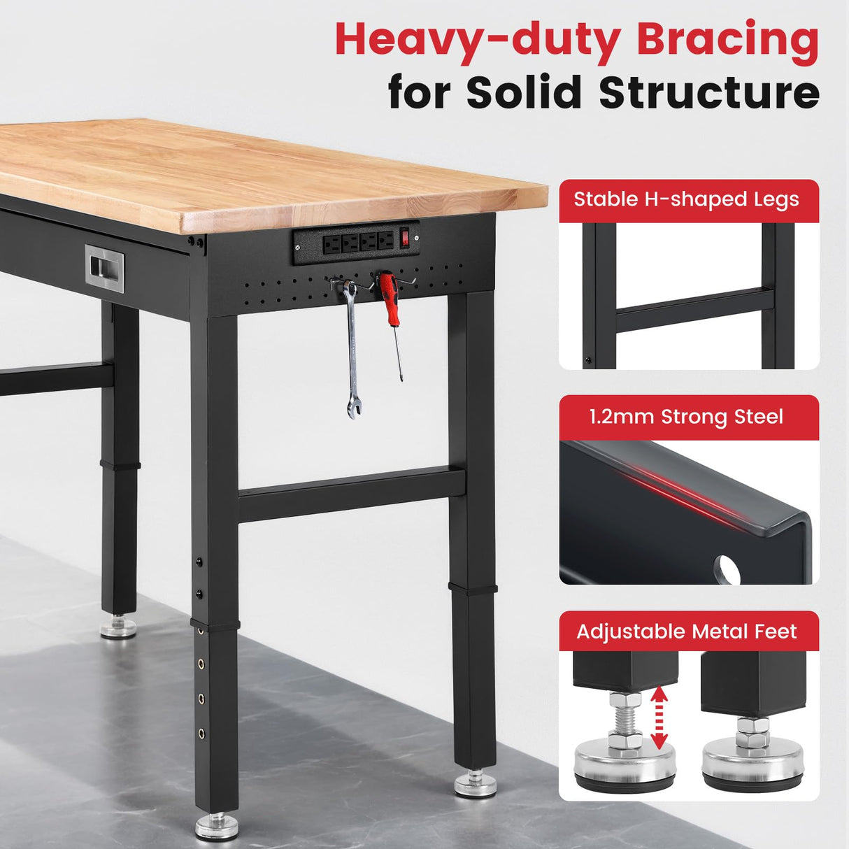 ENJOYWOOD Workbench for Garage with Drawers 48 x 24 Inch Rubberwood Tabletop Work Table with Pegboard, Power Outlets Adjustable Height Work Bench for Woodworking Shop, Home, Office ENJOYWOOD