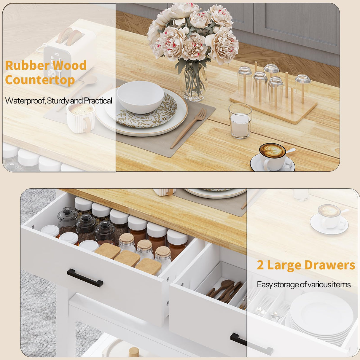 47.3" Solid Rubberwood Kitchen Island with Power Outlets - Extra Large Work Surface, 2 Drawers & Open Shelves Storage Cabinet for Kitchen Dining Room, Farmhouse Style (White) DynJest