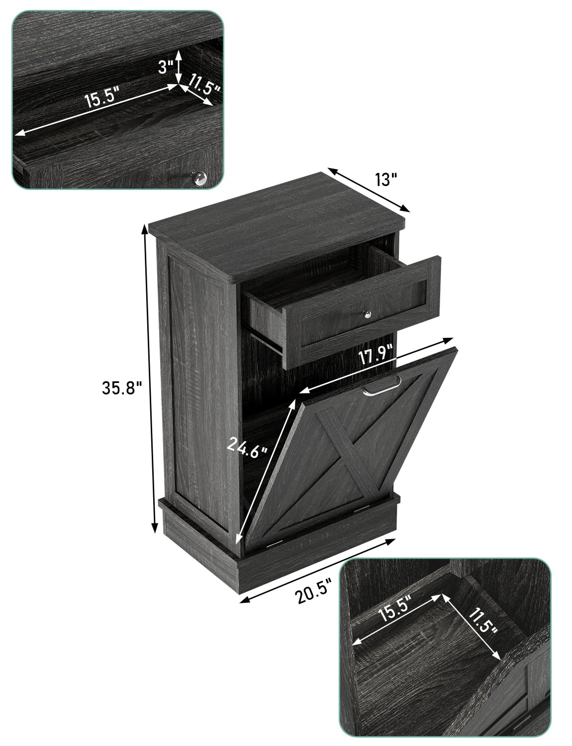 TOLEAD Tilt Out Trash Cabinet,Antique-Style Barn Door Kitchen Island with Solid Wood Tabletop & Drawer, Pet Proof Trash Can, Wood Laundry Cabinet(Oak Grey) TOLEAD